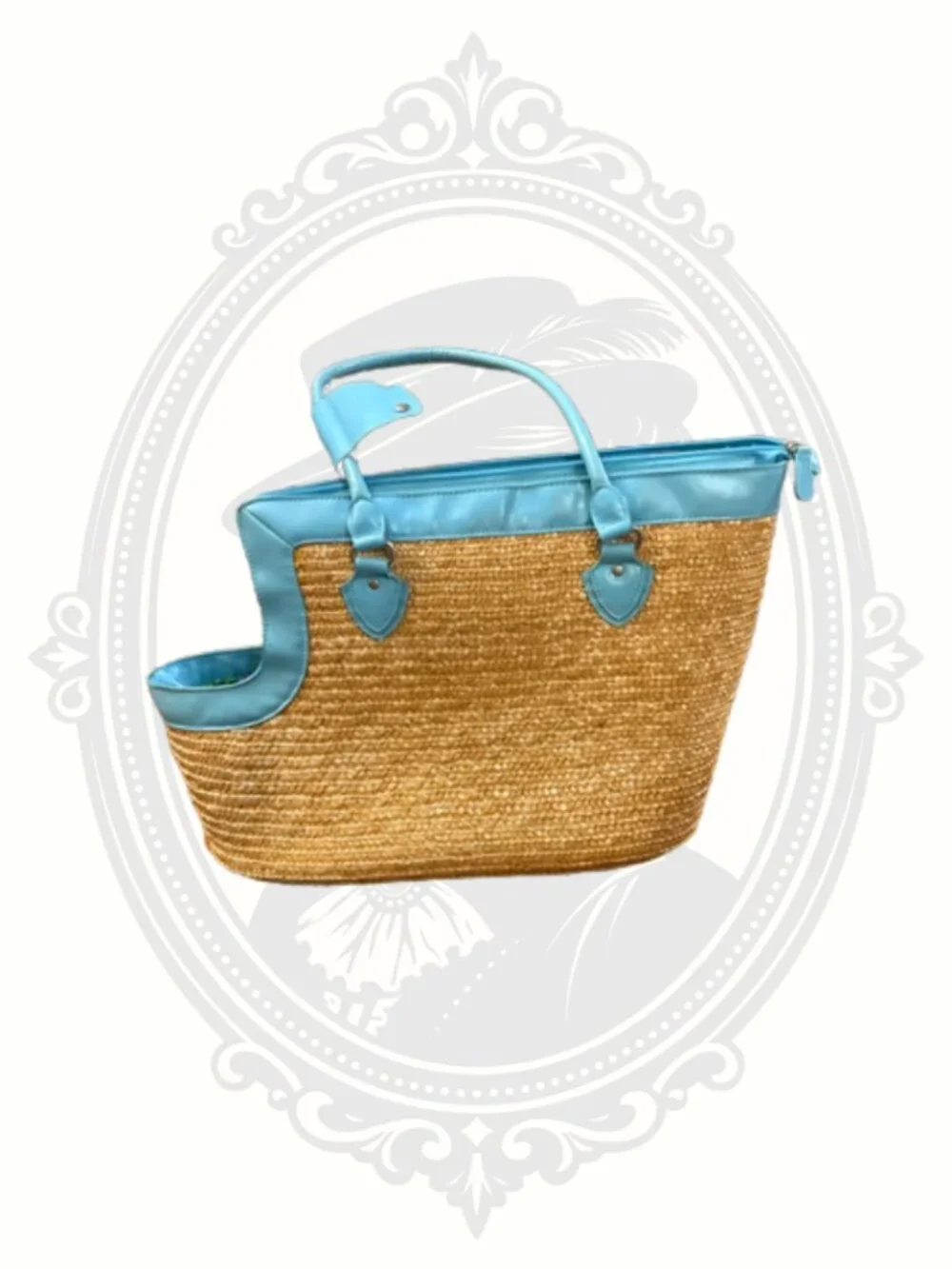 Blue Straw Pet Carrier Dog Tote Bag Tropical Lining Small Dog Travel Carrier